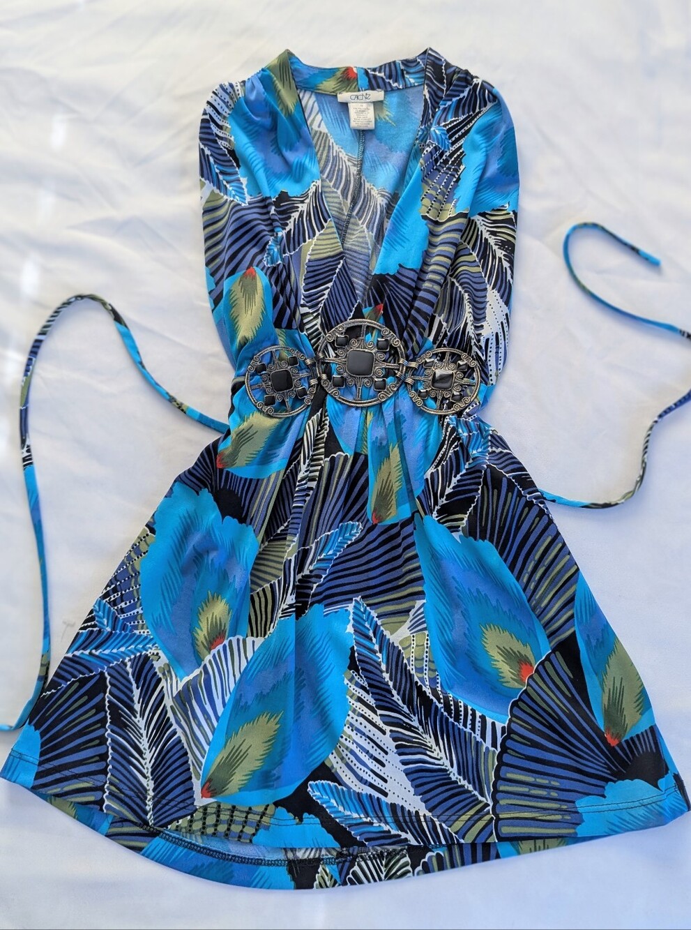 Cache Blue Tropical Print Top with Green and Black Accents